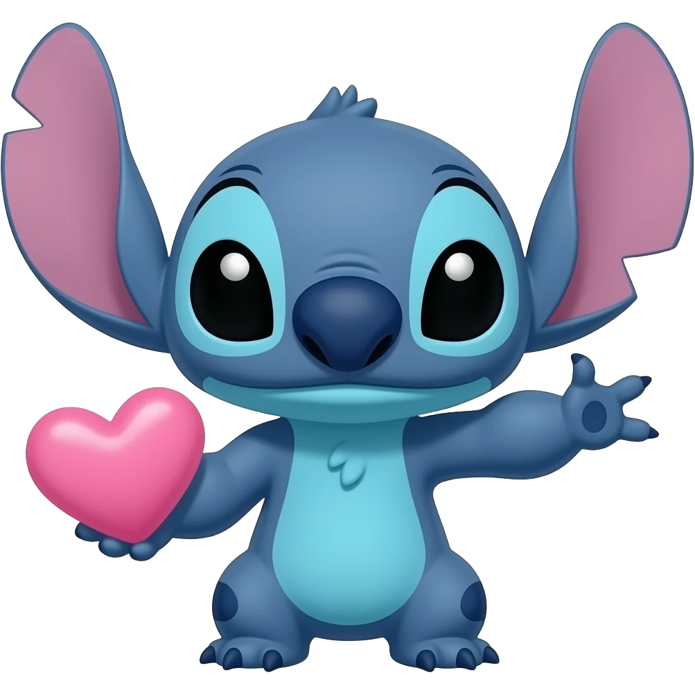 Stitch, el personaje azul con orejas rosadas y nariz rosa, sosteniendo un corazón rosa con una mano mientras extiende el brazo hacia afuera. Su cuerpo es azul claro con detalles oscuros en las orejas y tiene una expresión juguetona. emoji