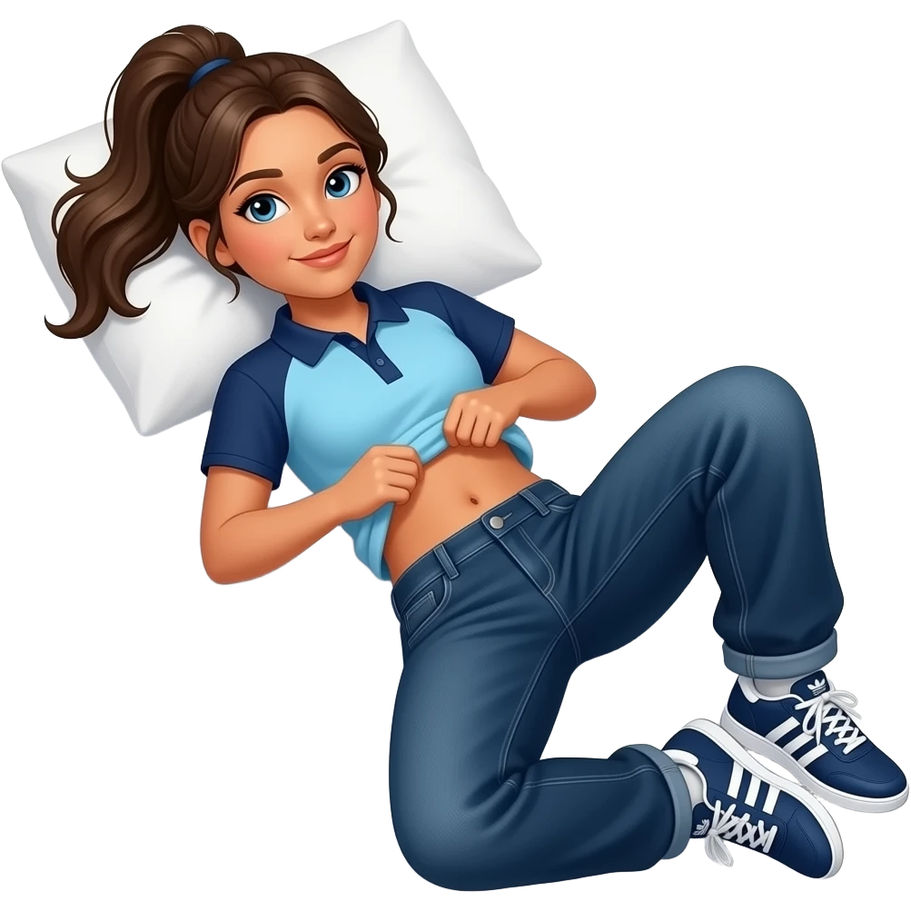 Hispanic girl with brown ponytail and blue eyes light blue and dark blue polo and dark blue baggy jeans and belly button laying down on her pillow on her bed showing her adidas sneakers lifting her shirt emoji