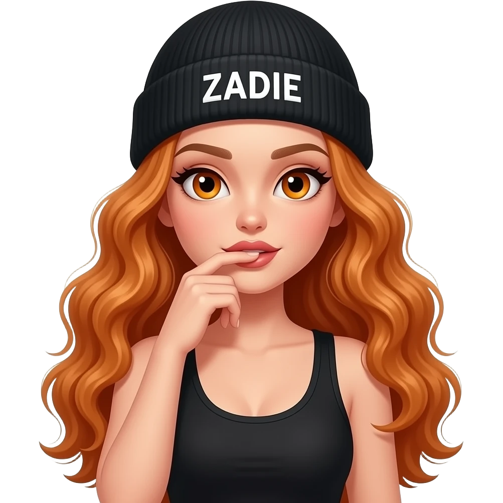 sexy girl with overlong wavy ginger hair and ginger eyes wearing a black tanktop and a black beanie with ZADIE written on it, is putting her hand to her mouth emoji