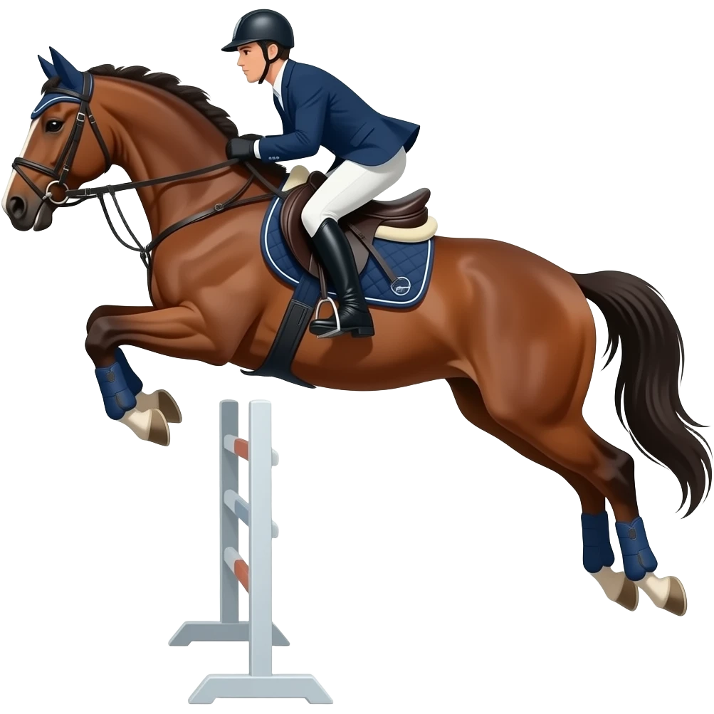 horse jumping a vertical  add an English saddle with a dark blue saddle pad and dark blue girth and change the splint boots to dark blue emoji