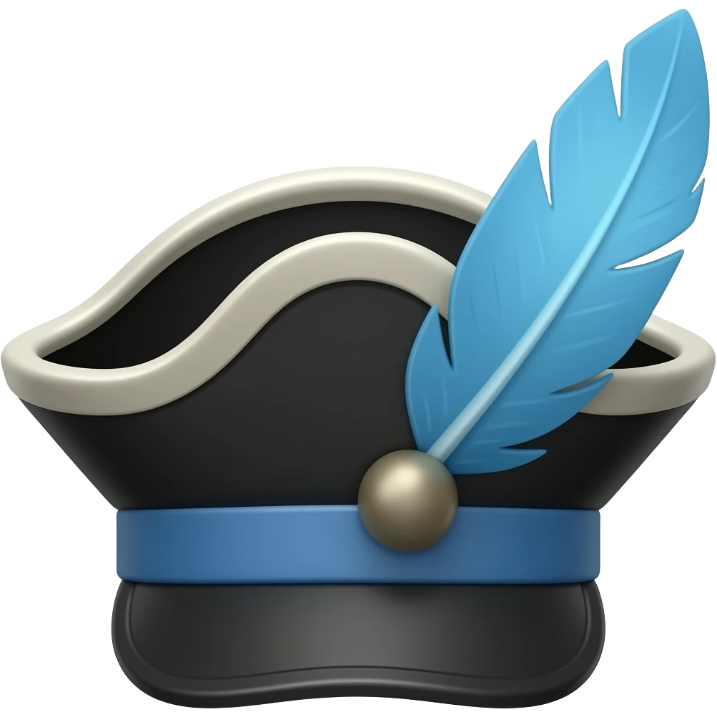 Black Breton fiddler cap with a blue feather on the side emoji