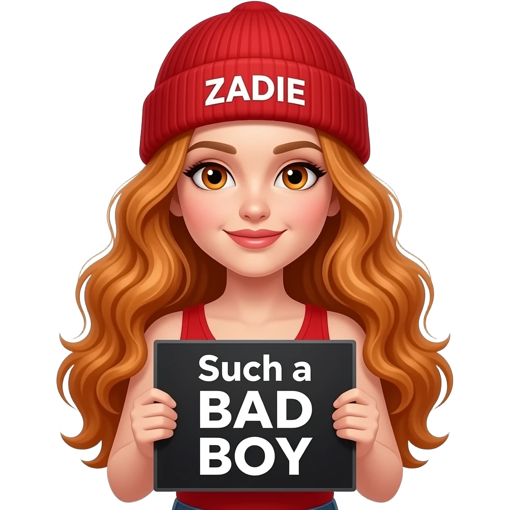 sexy girl with overlong wavy ginger hair and ginger eyes wearing a red tanktop and a red beanie with ZADIE written on it, is holding a black sign with Such a BAD BOY written on it emoji