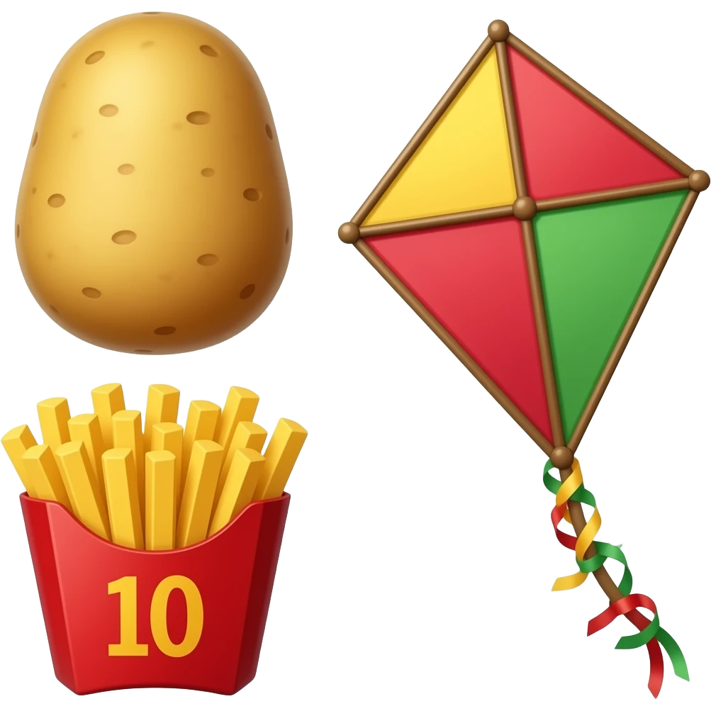 Emoji de Una papa 🥔,unas papas fritas 🍟, un papalote 🪁 en emoji  todos juntos clonados emoji