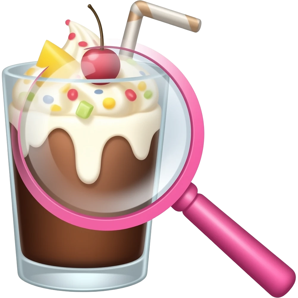 Lupa rosada viendo un vaso de chocolate y crema blanca  y frutas emoji