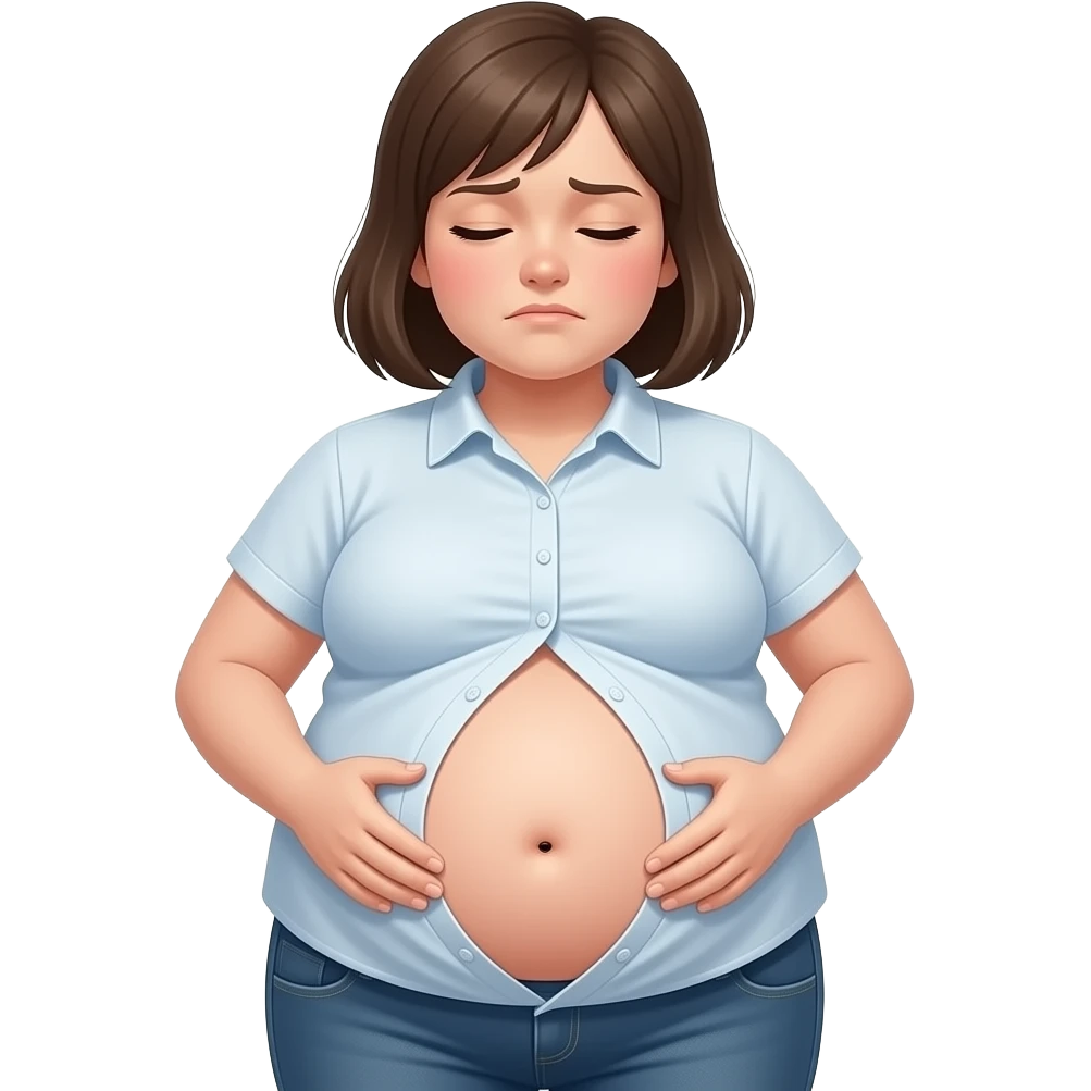 a girl with a huge stomach that is full to bursting,so bloated that she gets a tummyache,her bellybutton is poking out and her shrunk tight shirt buttonholes are at breaking point. emoji