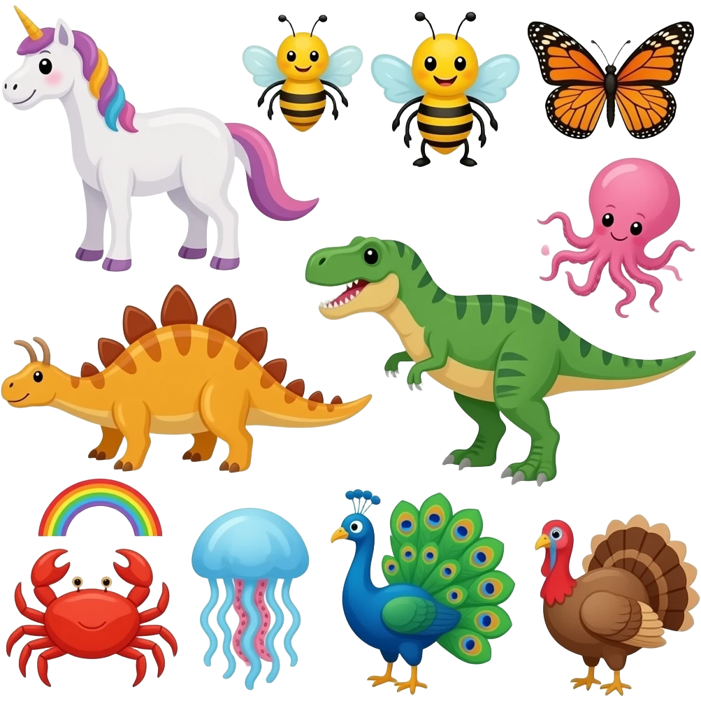 🦄🐝🦋🐞🦕🦖🐙🦑🦀🪼🦚🦃🌈 emoji