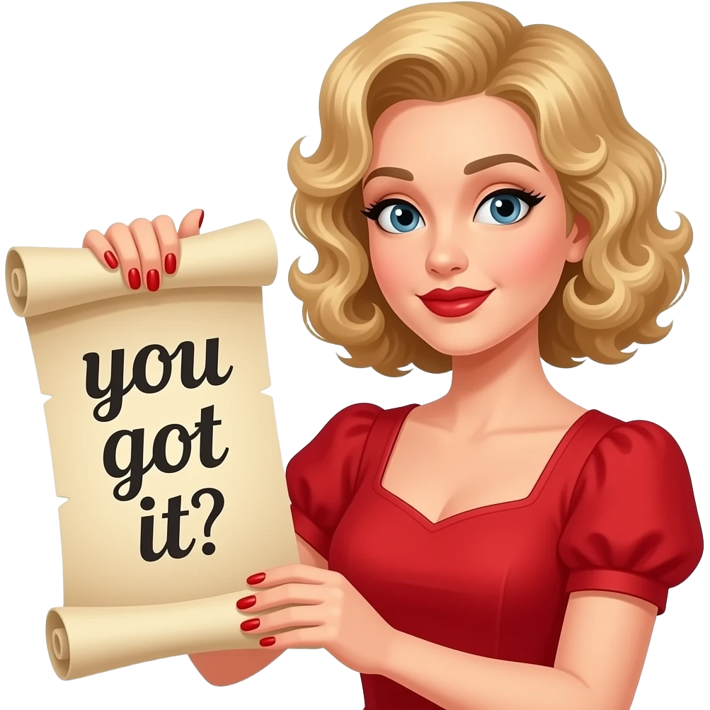Short curly blond hair side swept Holding an open scroll saying you got it with red nail polish, brown lipstick and red vintage dress emoji