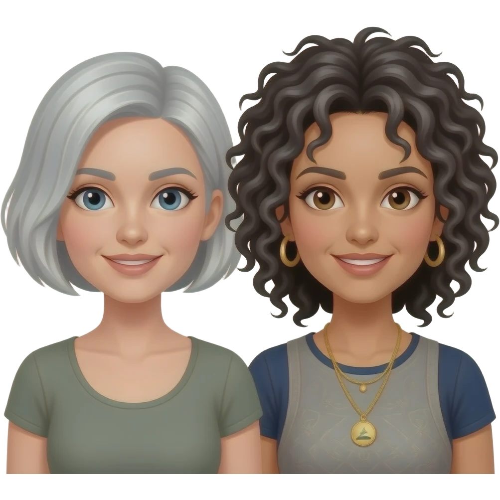 Emoji of 2 women 1 white with very short grey hair and 1 Lebanese with wild curly black/grey hair who are married emoji