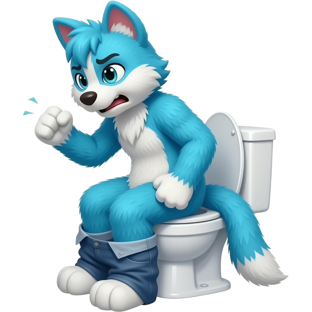 blue fursuit sitting on toilet, side view , pants down, pushing, straining face,  uncomfortable, both fists emoji