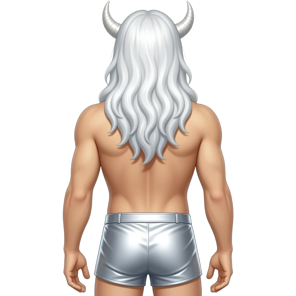 Yehovah from behind with long white hair, white metallic loincloth emoji