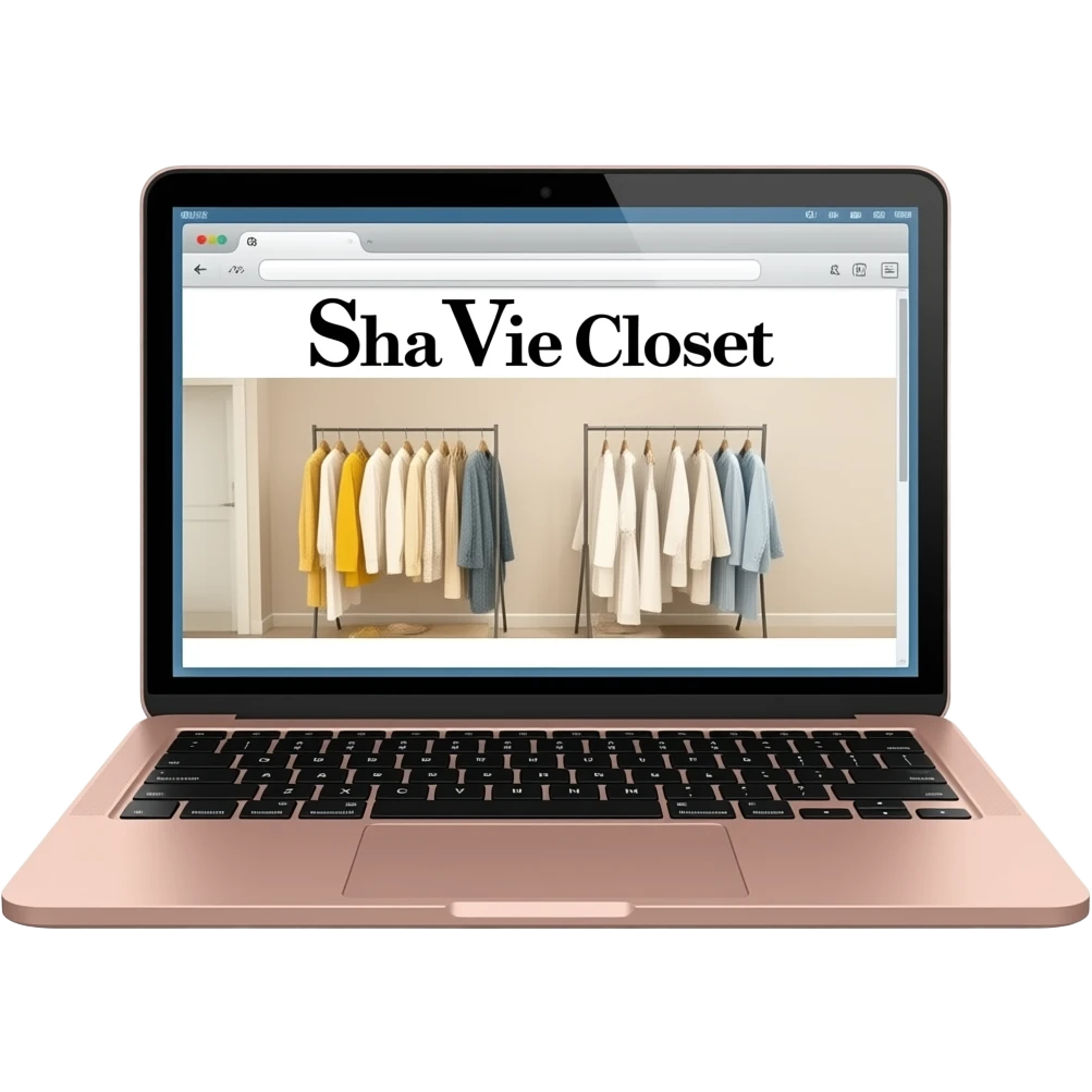 MacBook rosa com um site chamado Sha Vie Closet emoji