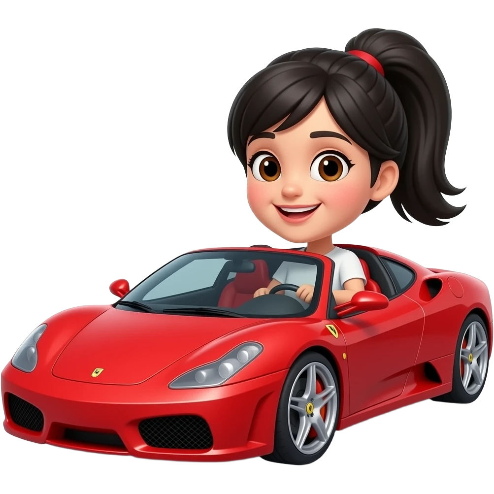 happy Girl with black hair ponytail showing forehead and brown eyes driving a big red sports car emoji