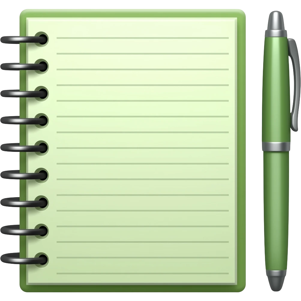 closed spiral green notebook and pen  We are looking from the front emoji