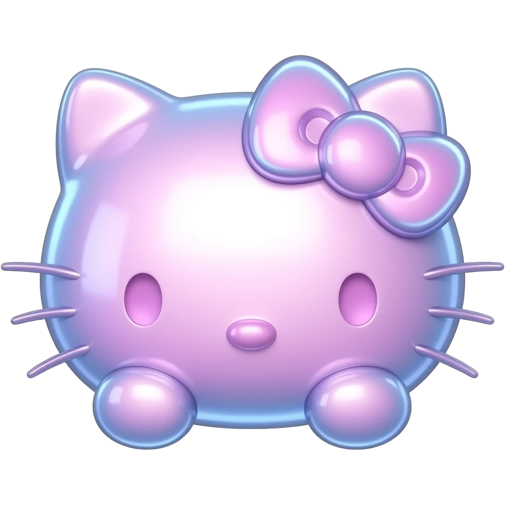 Glowing 3d holographic pink and blue colored glass hello Kitty head with front paws emoji