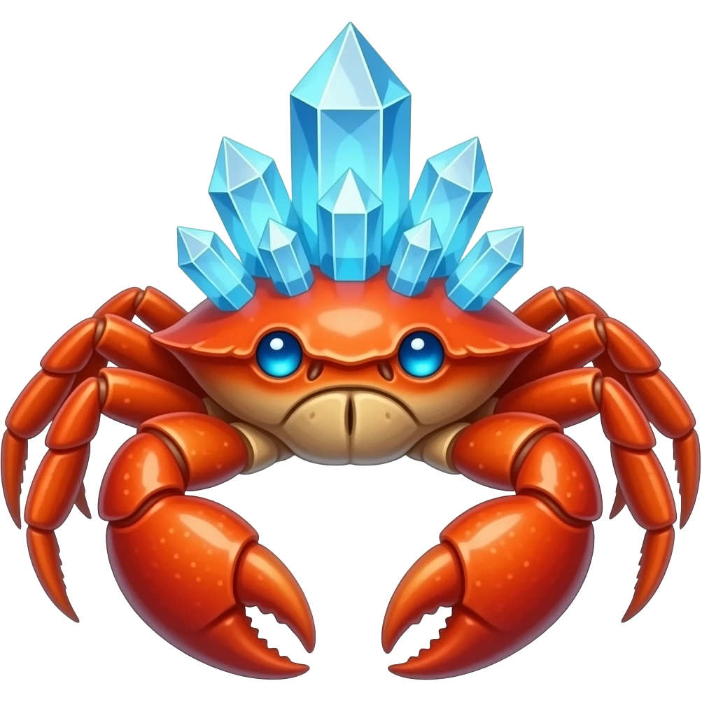 A crab with crystals on its back with blue glowing eyes emoji