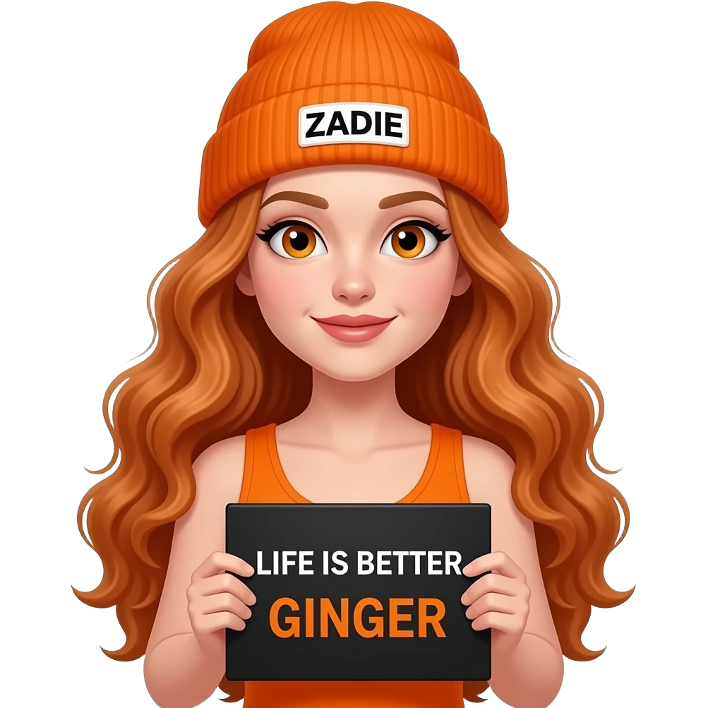 sexy girl with overlong wavy ginger hair and ginger eyes wearing a orange tanktop and a orange beanie with ZADIE written on it, is holding a black sign with LIFE IS BETTER with a GINGER written on it emoji