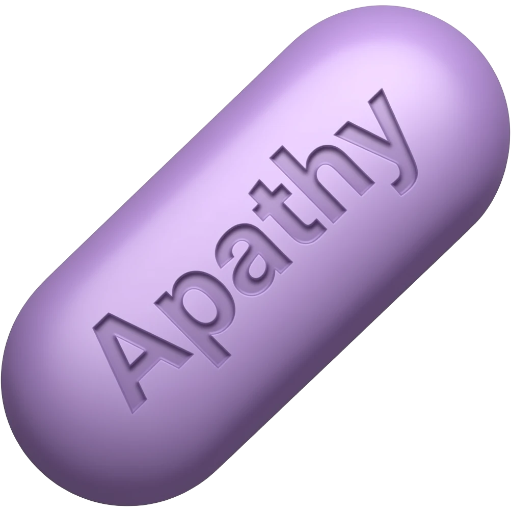 A purple solid oblong pill with "Apathy" engraved in it at a 45 degree angle emoji