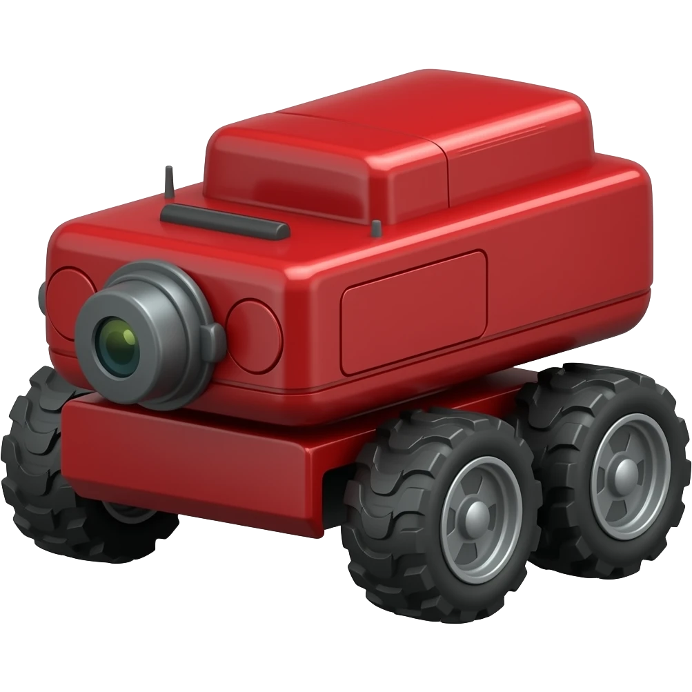 6 wheeled rectangular red robot with camera emoji