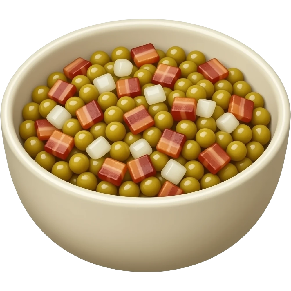 ceramic bowl filled with brown cooked peas, mixed with small, crispy ...