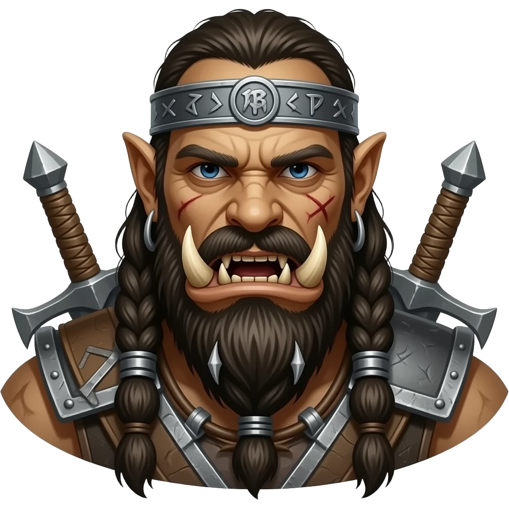 An Orc War Chief wearing a simple crown/circlet, large tusks, hilts of weapons showing over his shoulder, snarling face, dangerous, battle ready. emoji