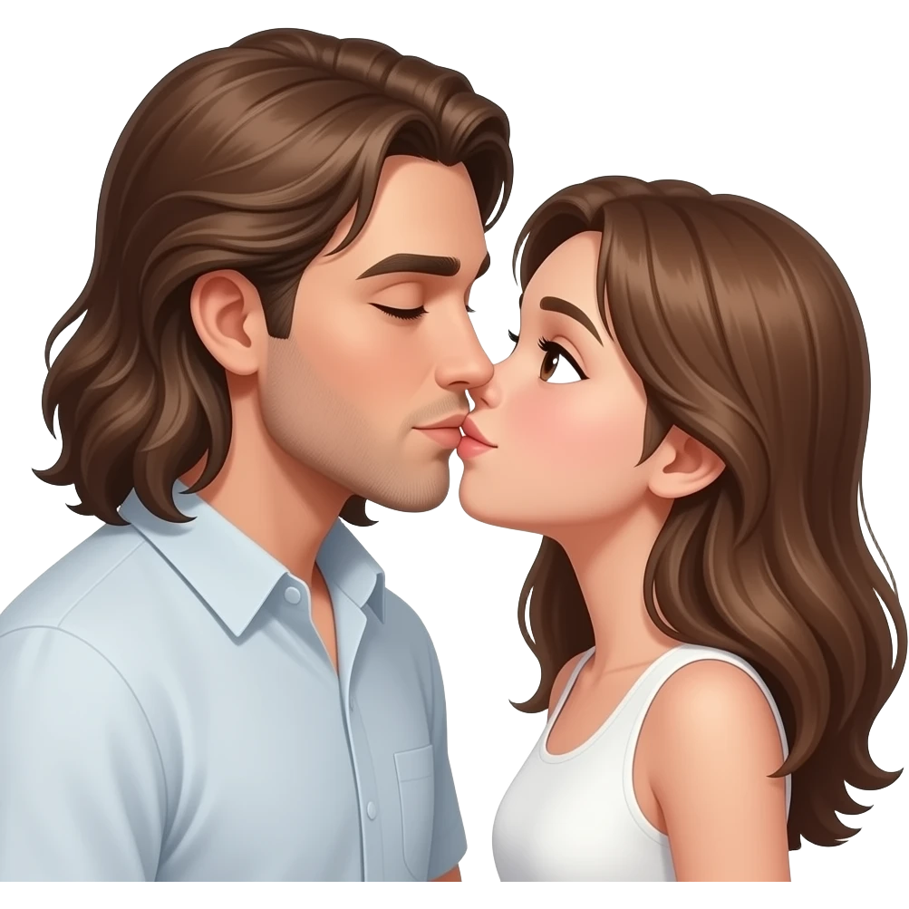 Realistic White long brown hair man kiss white brown hair girl emoji