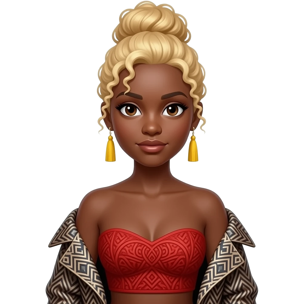 A medium shot portrait of a Black woman with blonde, curly hair styled in a high bun, looking directly at the camera. She is wearing a strapless red top with intricate patterns and a yellow tassel earring in both of her ears. she wears a fancy coat outside of the dress emoji