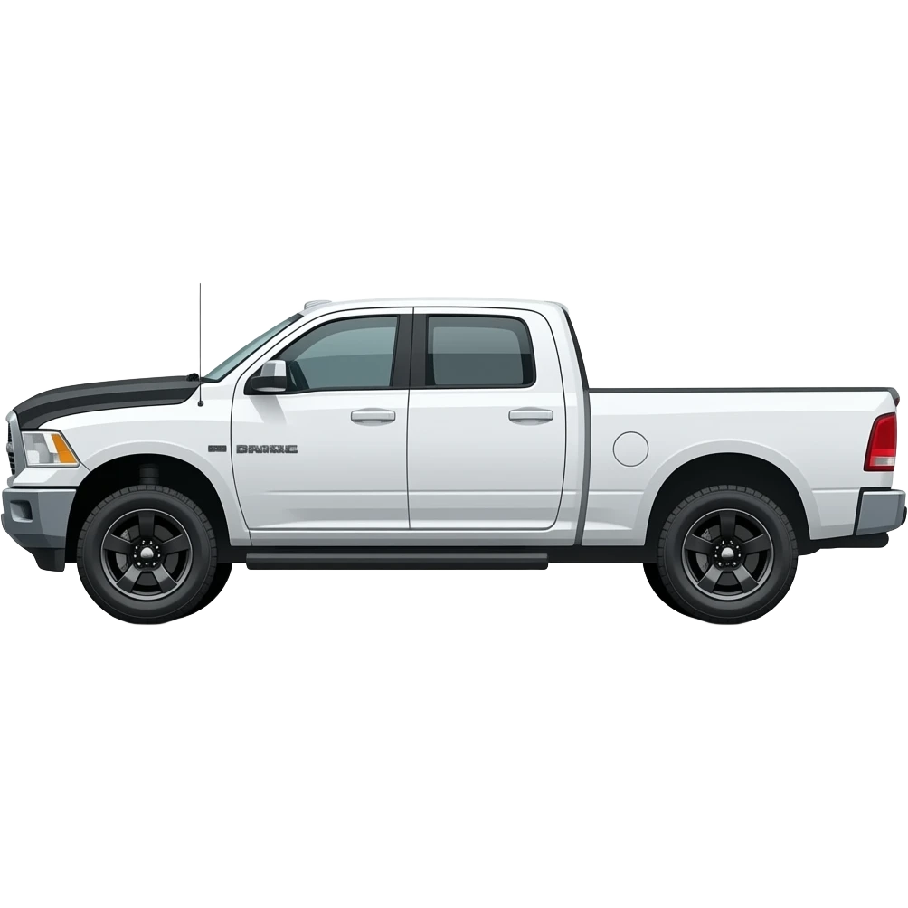 Side view lifted white ram truck black hood Black rims emoji