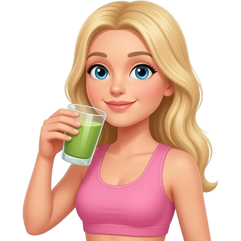 blonde pilates instructor in pink drinking matcha emoji