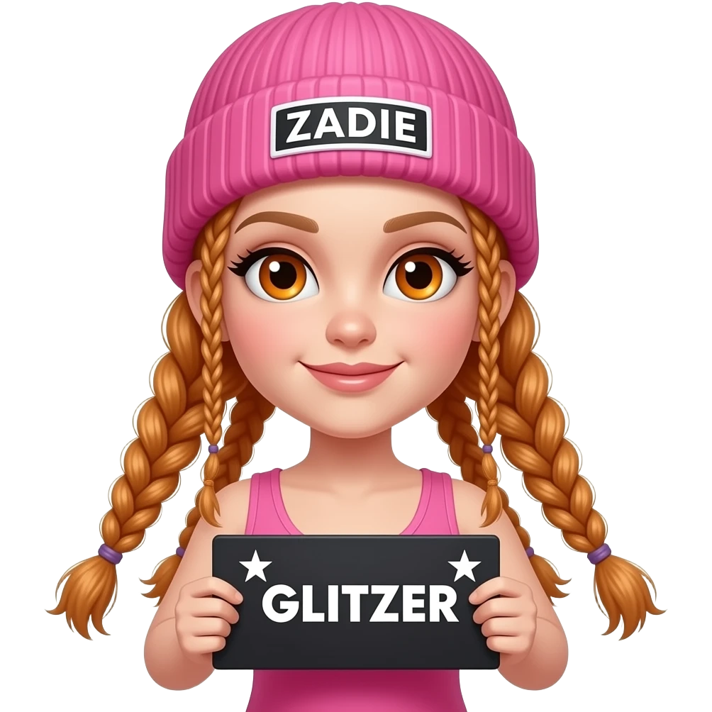 sexy girl with overlong ginger braids and ginger eyes wearing a pink tanktop and a pink beanie with ZADIE written on it, is holding a black sign with ☆GLITZER☆ written on it emoji