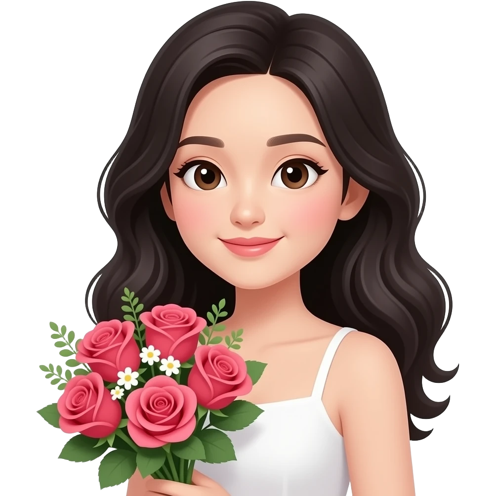 Mujer asiática recibiendo unas rosas, que la chica sea piel muy clara, cabello ondulado y negro y con ojos asiáticos emoji