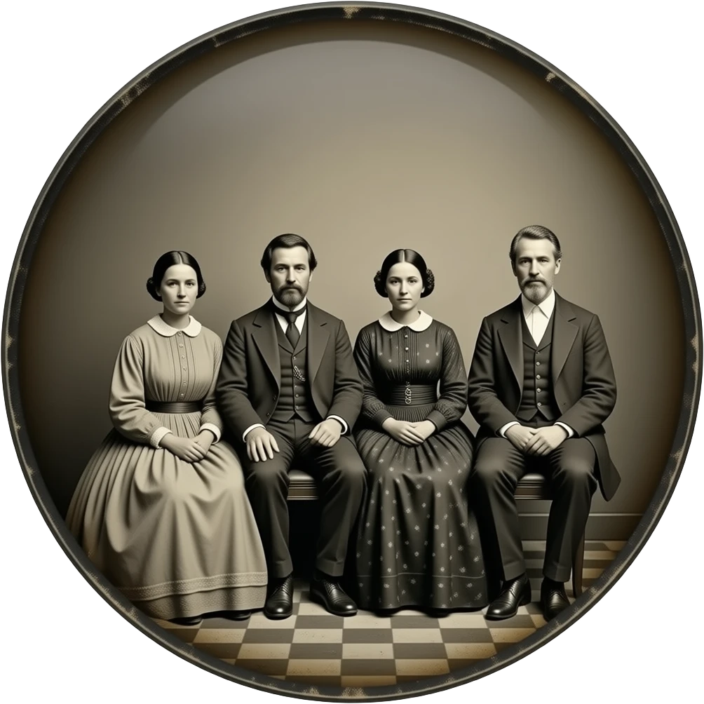 two mothers and two fathers depicted in sitting poses as in daguerreotypes posing in vintage civilian clothes - on a plate in daguerreotype format - chemically damaged emoji