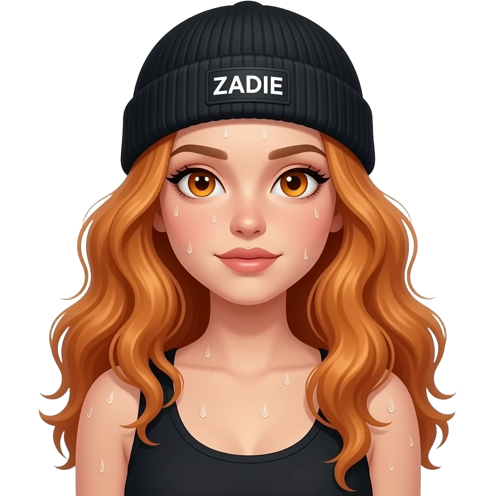 sexy girl with overlong wavy ginger hair and ginger eyes wearing a black tanktop and a black beanie with ZADIE written on it,  is sweating all over her face and body emoji
