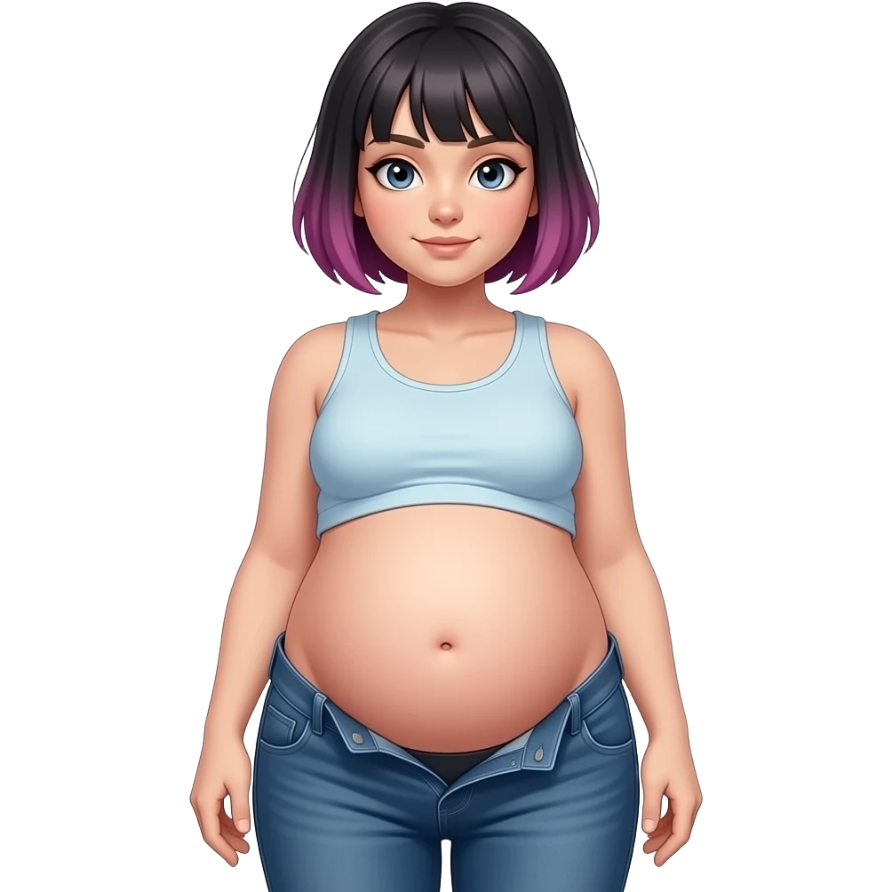 A girl with a semi pixie emo hairstyle,wears a crop top and a unbuttoned pants,stocky robust build,she always looks constantly well fed & pregnant like,her tummy is big & round,heavy in the belly,she is stuffed silly,her bellybutton is deep hollow innie like a tiny void. emoji