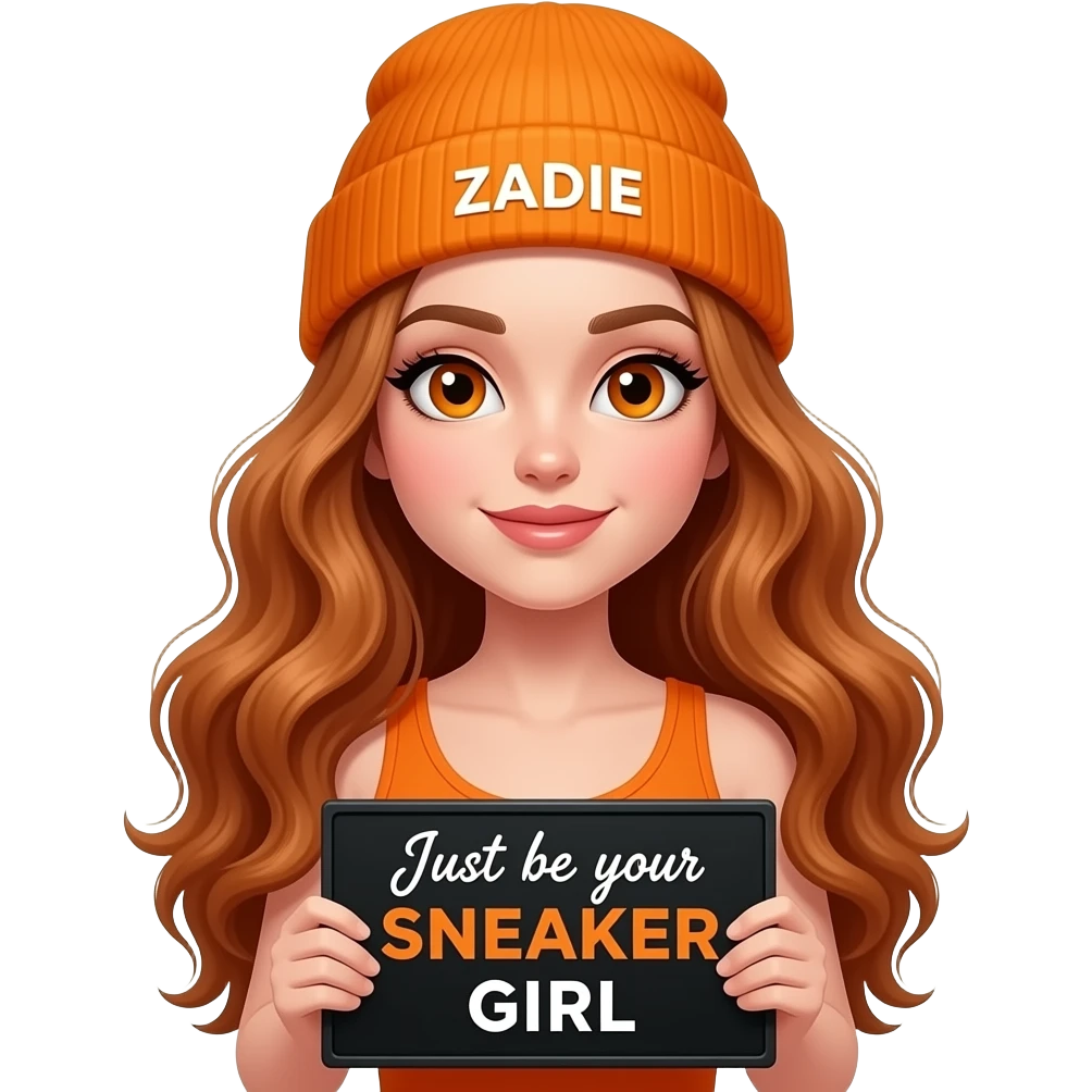 sexy girl with overlong wavy ginger hair and ginger eyes wearing a orange tanktop and a orange beanie with ZADIE written on it, is holding a black sign with Just be your SNEAKER GIRL written on it emoji