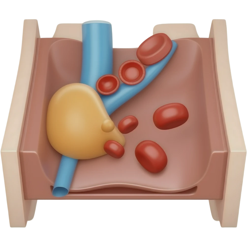 small yellow adipose mass inside vascular tube partially blocking blood cells flow emoji