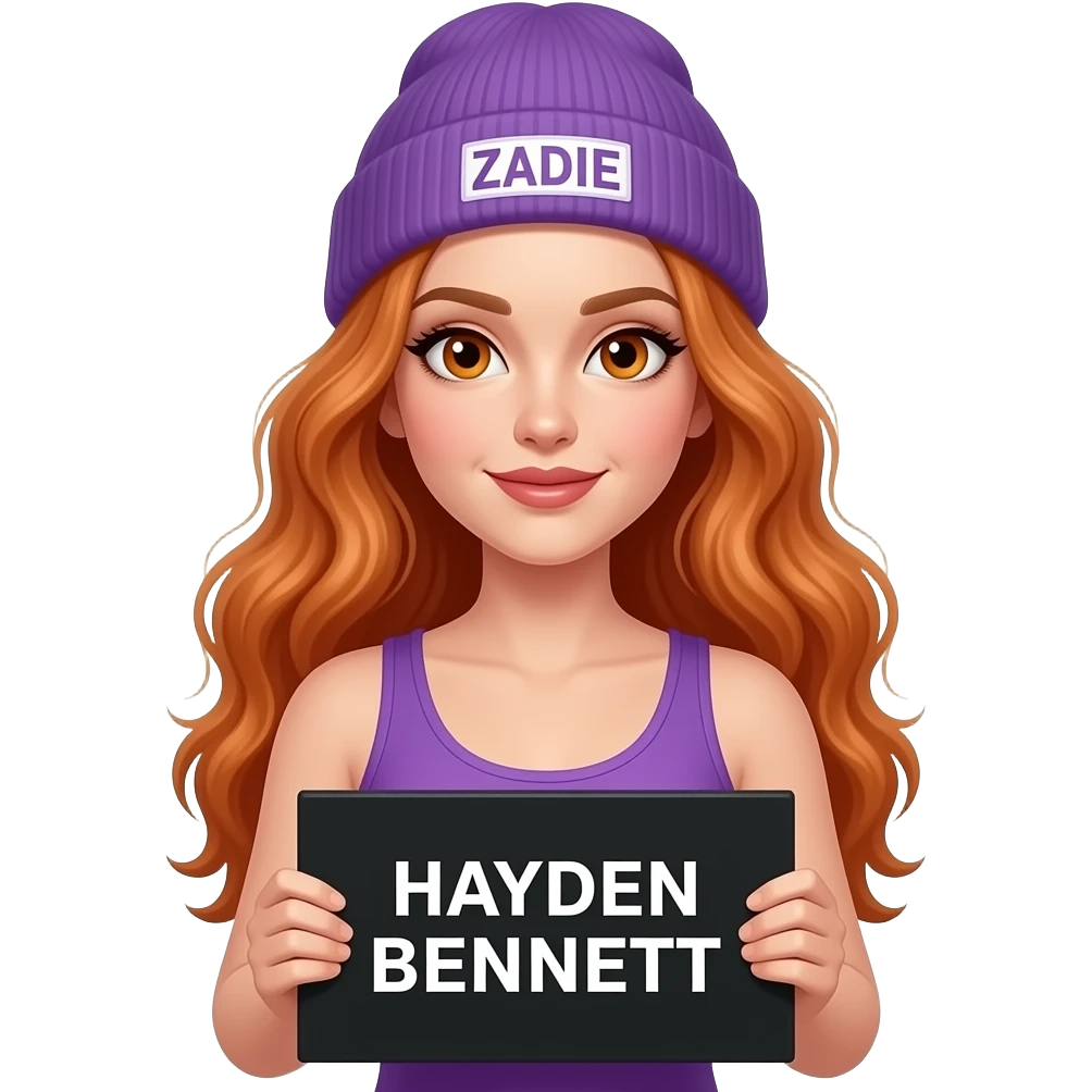 sexy girl with overlong wavy ginger hair and ginger eyes wearing a purple tanktop and a purple beanie with ZADIE written on it, is holding a black sign with HAYDEN BENNETT written on it emoji