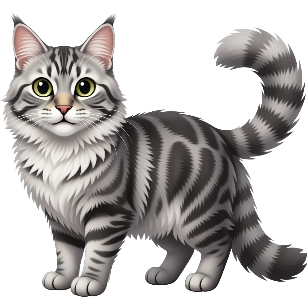 Silver tabby maine coon with laugh, more fur, slim, nose with yellow emoji