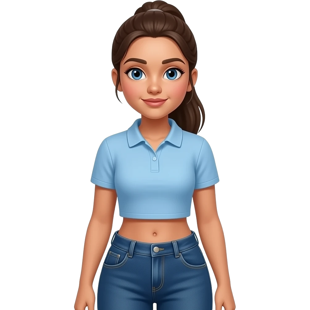 Hispanic girl with brown ponytail and blue eyes light blue and dark blue cropped polo and dark blue baggy jeans and belly button emoji