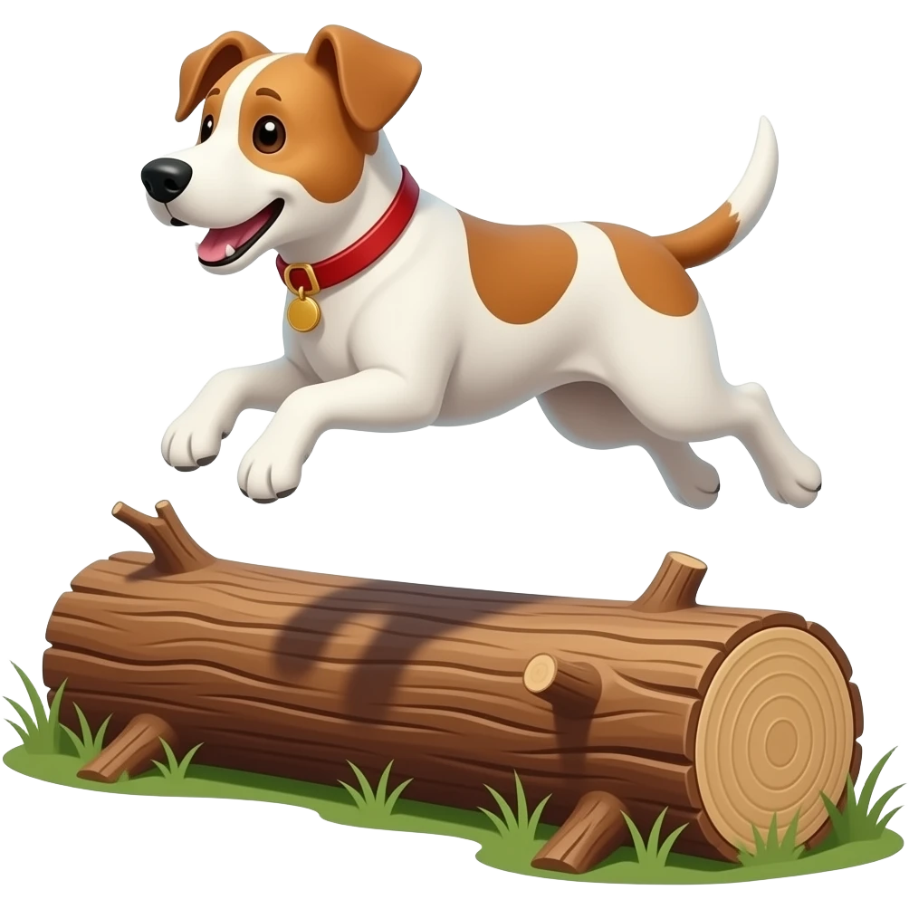 The dog jumps over the fallen log. emoji