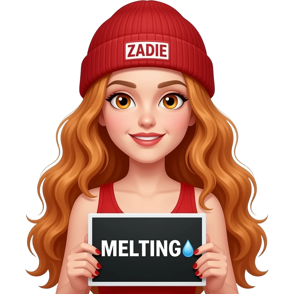 sexy girl with overlong wavy ginger hair and ginger eyes wearing a red tanktop and a red beanie with ZADIE written on it, is holding a black sign with MELTING  💦 written on it emoji