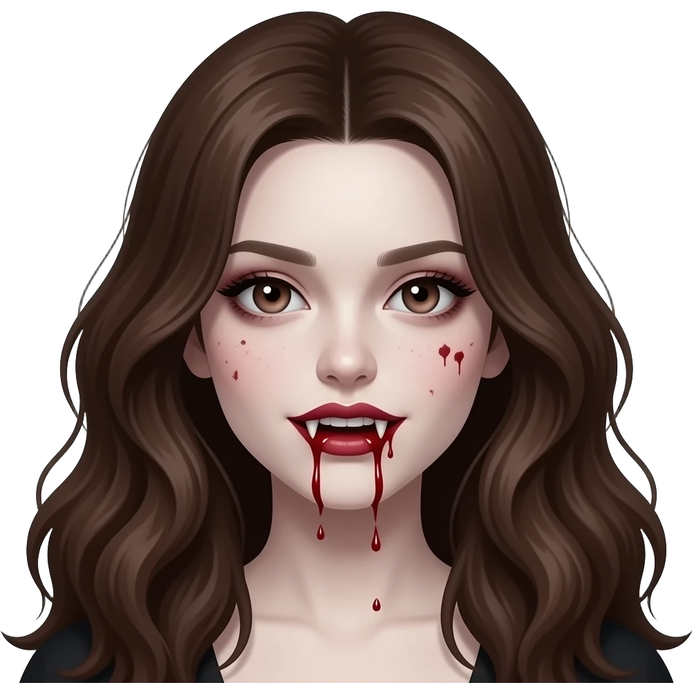 A vampire girl with long wavy brown hair, fangs, and blood dripping from her mouth and with a little blood on her face, a somewhat dark appearance with pale skin and not very pronounced dark circles under her eyes, in the style of iOS 16. emoji