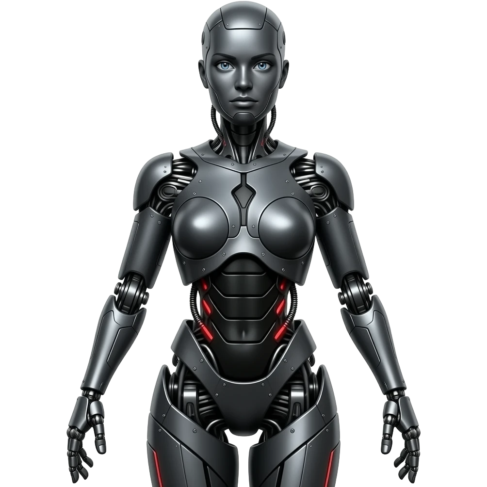 A mechanical woman made of dark gray steel with black and red markings,no human features, only robot features, entire body, sexy pose, robot face, full body pose emoji