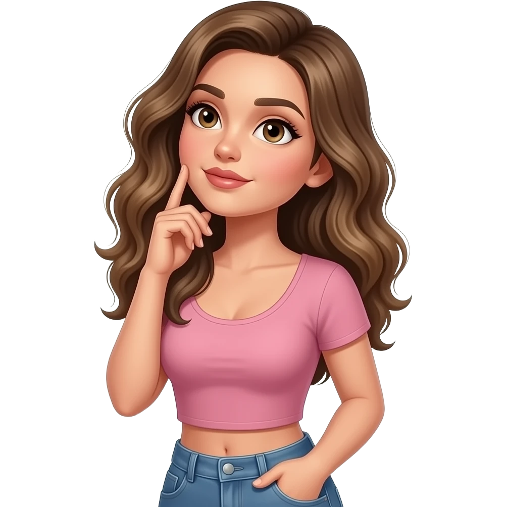 Woman thinking and looking up wearing dusty pink crop top with jean pants. Brown eyes and dark blonde wavy fluffy hair. Very pretty and sexy and seducing eye look emoji