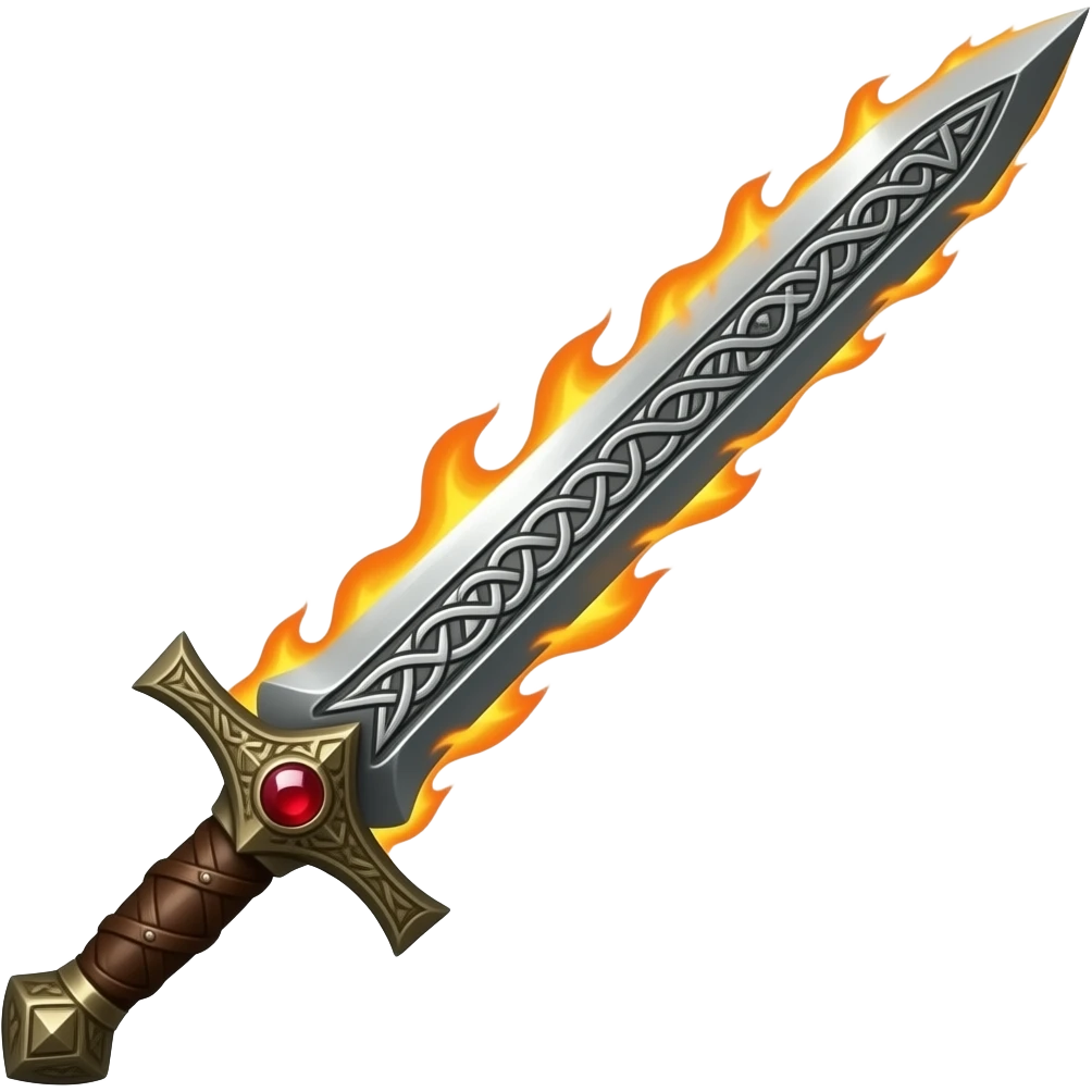 highly detailed, Realistic long thin flaming sword, Knight style sword, celtic runes engraved in the blade, wooden handle wrapped in leather, ruby gem at the hilt, realistic fire, pointed tip emoji