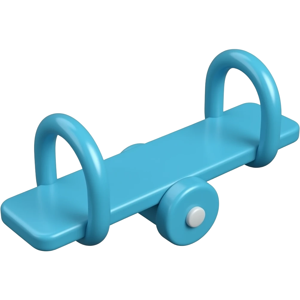 Create a cute 3D emoji icon of a small blue pet seesaw toy. Flat rectangular plank with rounded corners, narrow slots on both ends, and two circular support rings in the center. Empty toy only, no animal, no character, no face. Soft plastic style, gentle shadows, transparent background, no text. emoji