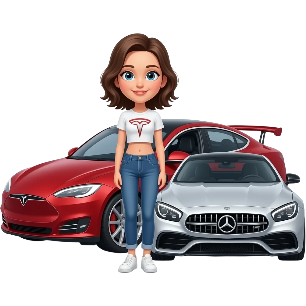 A girl next to Tesla AMG emoji