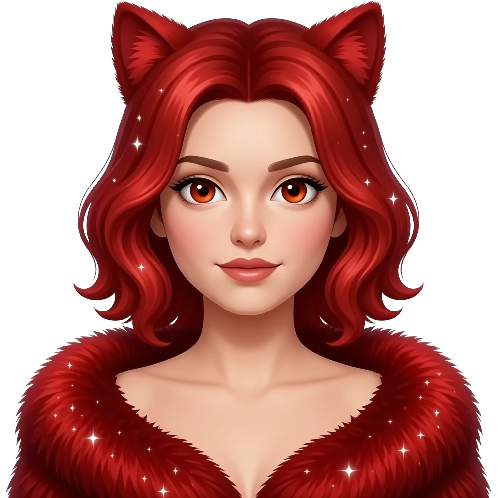 Hyper realistic fire red velvet fur soaked in starlight glitter and shadow gradients beautiful, shoulder bust emoji