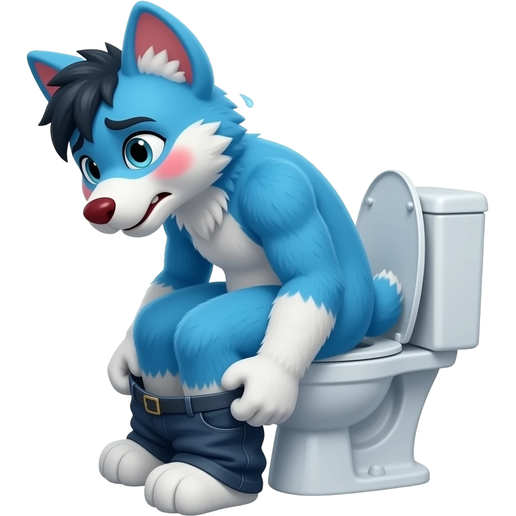 blue fursuit sitting on toilet, side view , pants down, pushing, straining face,  uncomfortable, stomach ache , sweating, red face emoji