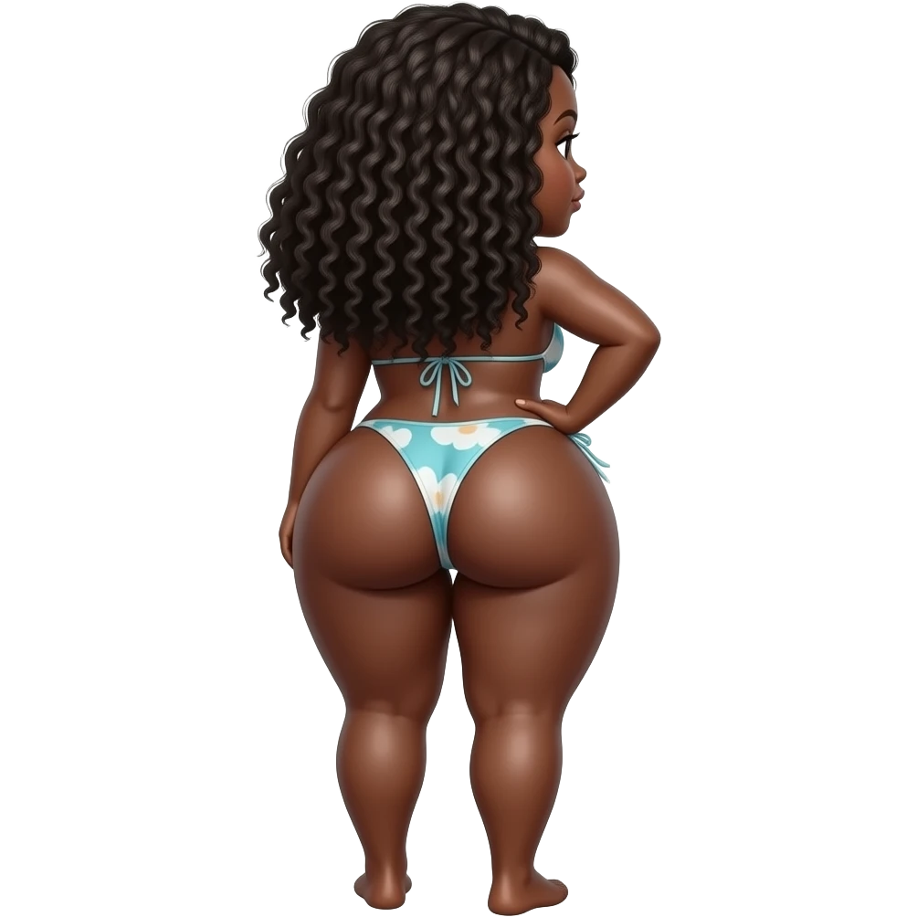 from behind, hand on own ass, looking at viewer, head turning to viewer, black girl, full body, bikini, female, hyper ass, ass bigger than head, big booty, huge booty, hyper booty, giant booty, unrealistically sized booty emoji