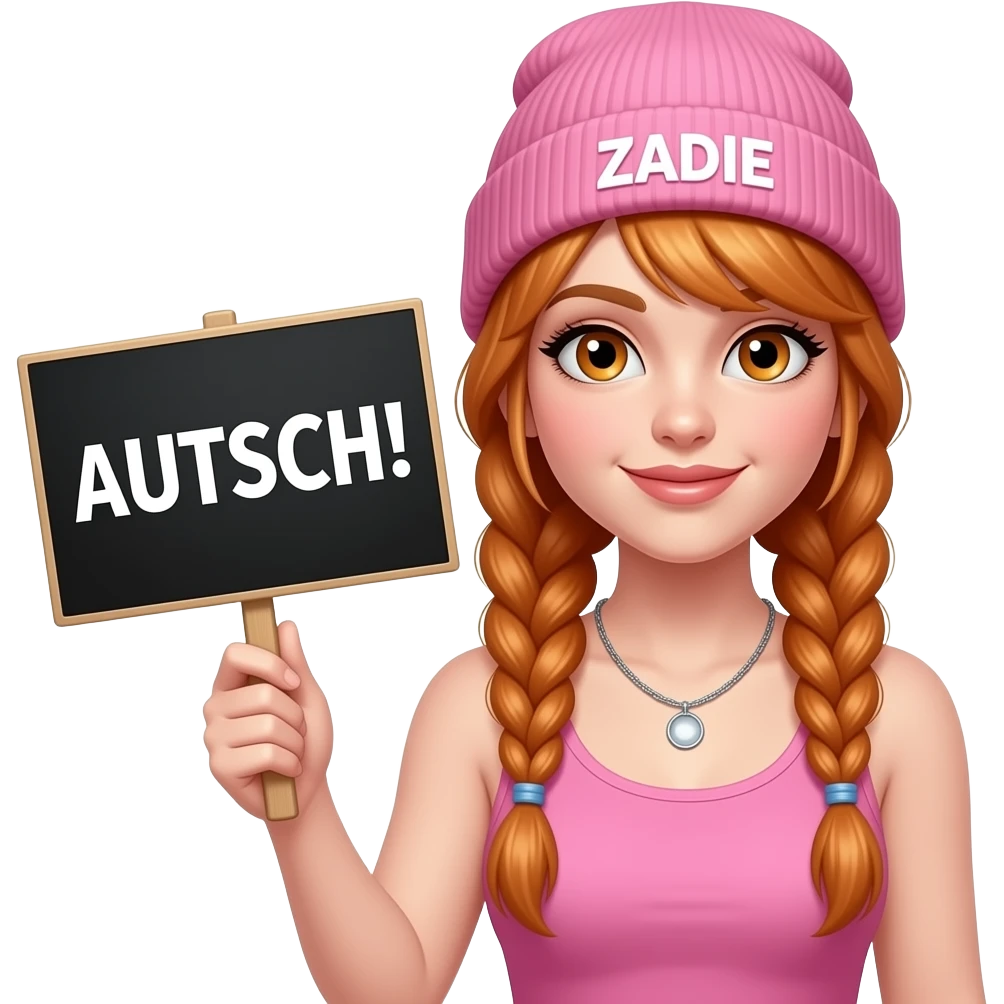 sexy girl with overlong ginger braids and ginger eyes wearing a pink tanktop and a pink beanie with ZADIE written on it, is holding a black sign with AUTSCH! written on it emoji
